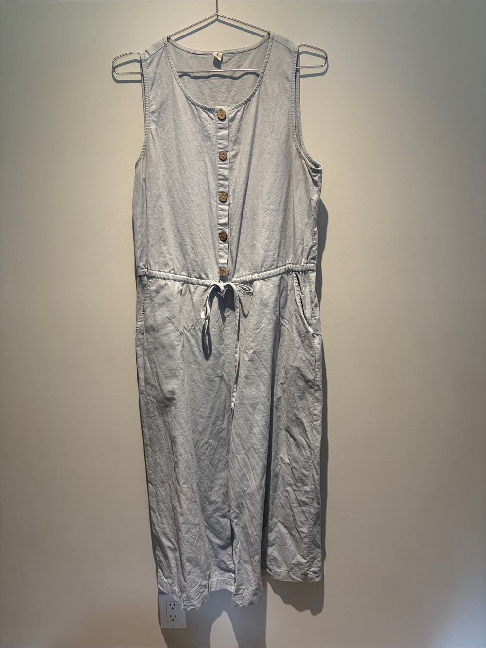 Sleeveless Light Blue Drawstring Jumpsuit with Button Front